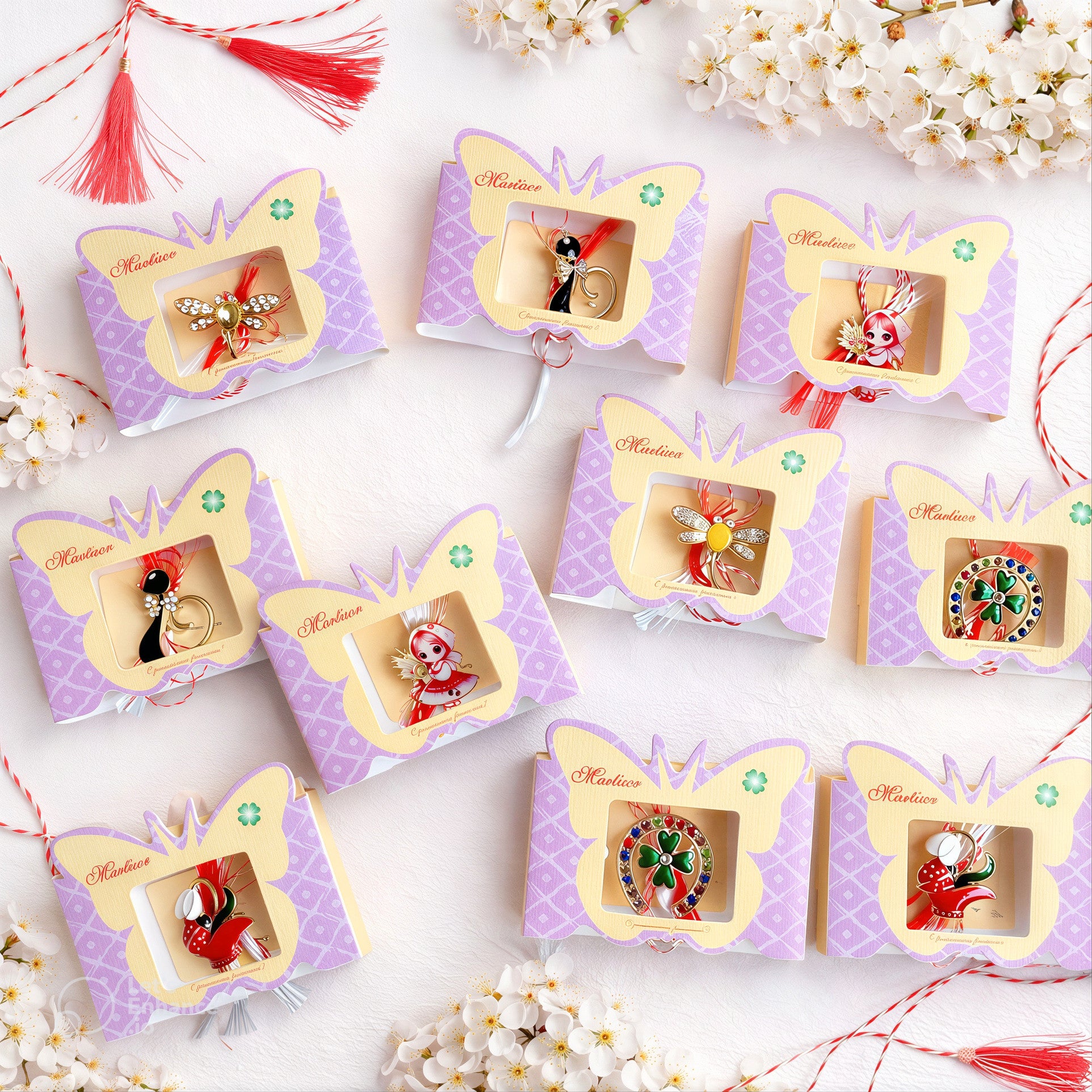 Mărțișoare Tip Broșă din Metal 2–3cm, Cutie Individuală 5.5×7cm Diferite Modele