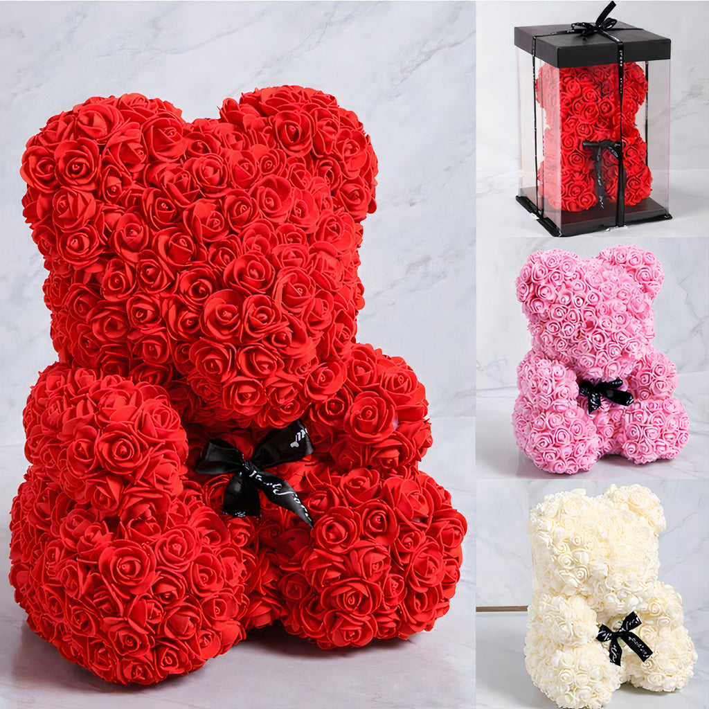Ursulet din Trandafiri 25cm cu Flori de Spuma, in Cutie Transparenta 30x17cm Diferite Culori