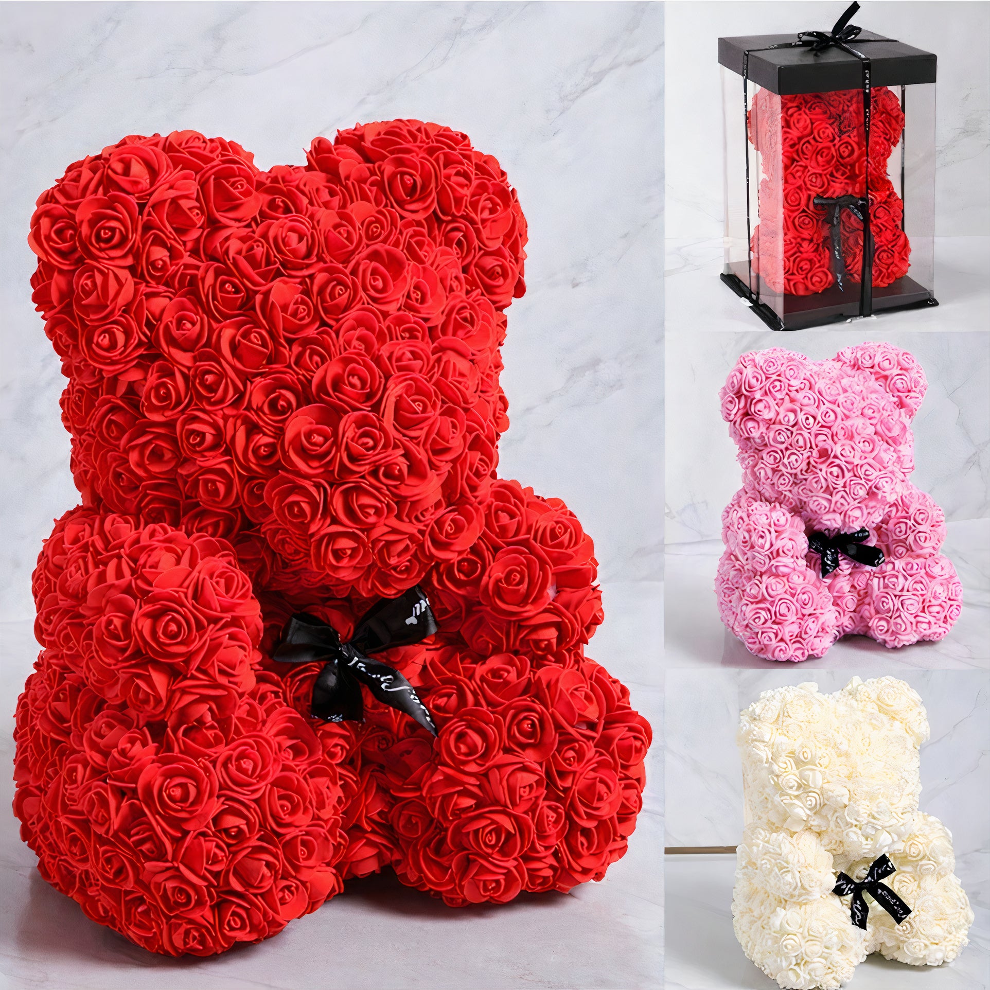 Ursulet din Trandafiri 25cm cu Flori de Spuma, in Cutie Transparenta 30x17cm Diferite Culori
