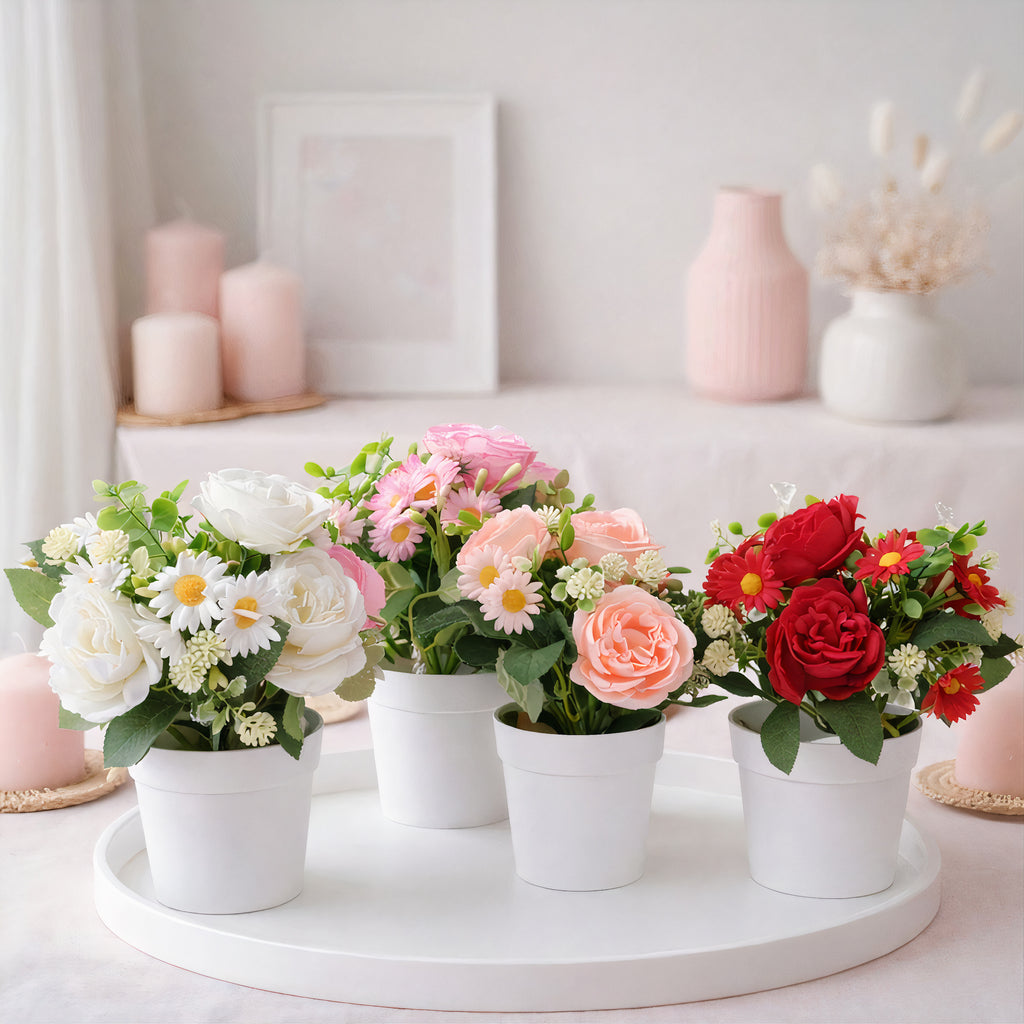 Flori Artificiale cu Trandafiri și Margarete, 22 cm, în Ghiveci Alb, Diferite Culori