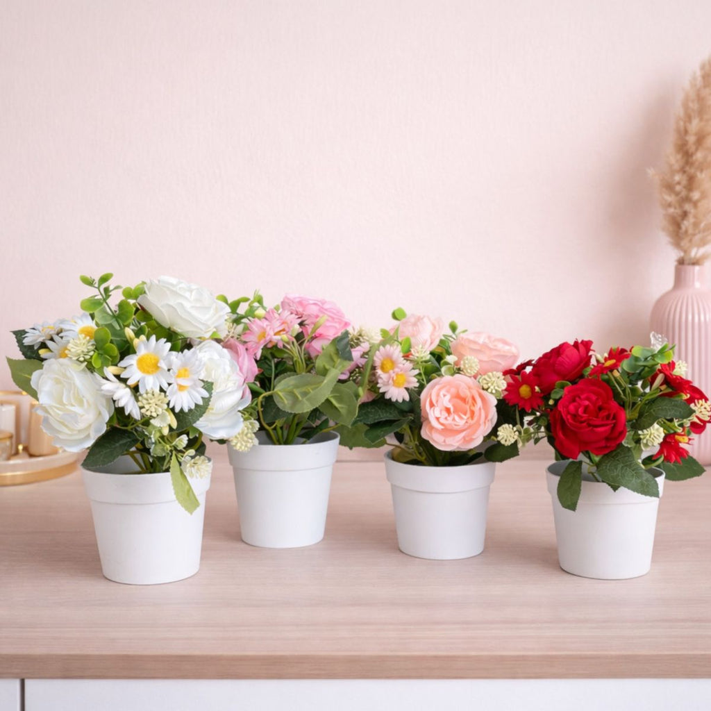 Flori Artificiale cu Trandafiri și Margarete, 22 cm, în Ghiveci Alb, Diferite Culori