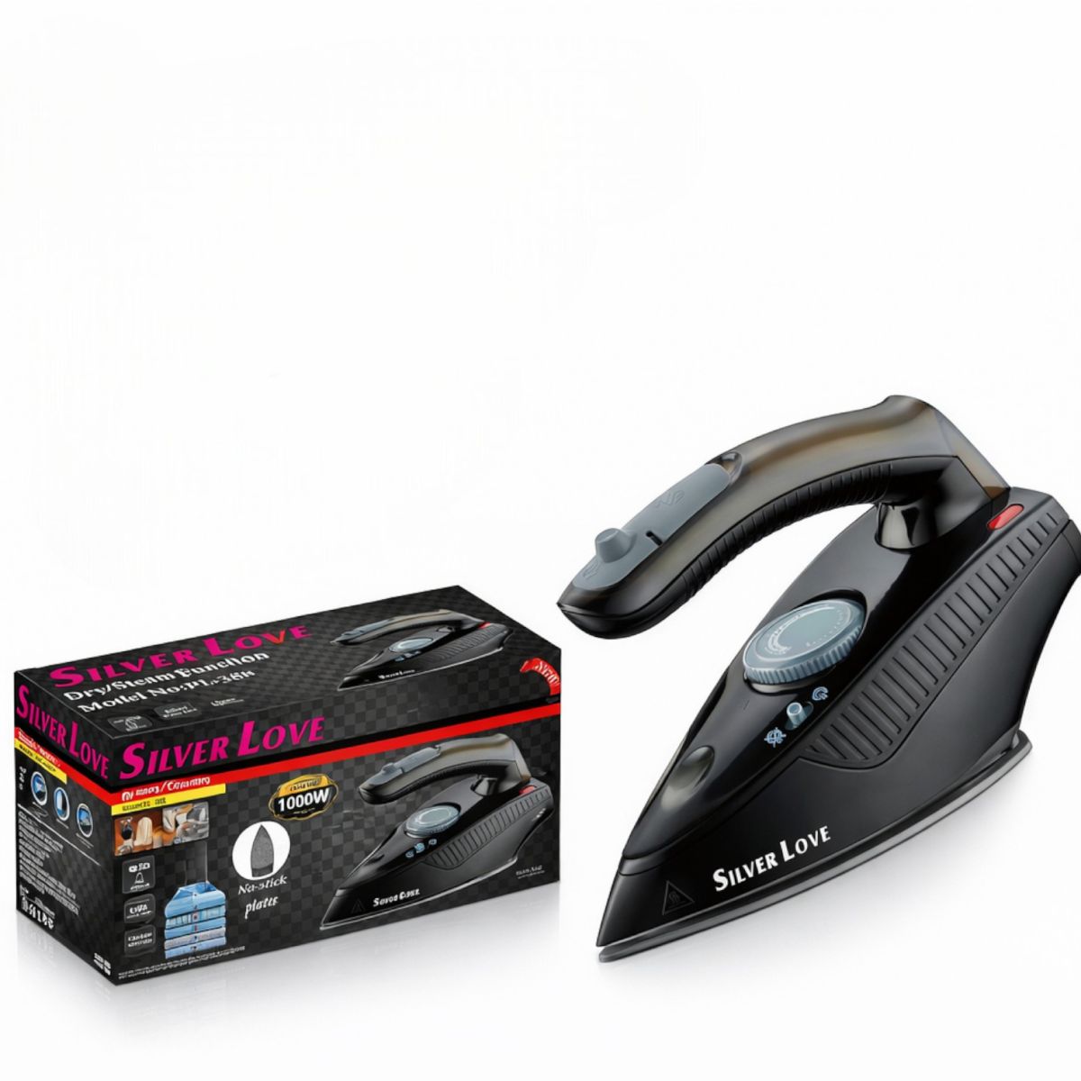 Fier de Călcat Silver Love PL-388, 1000W, 20.5x 8.5cm cu Abur și Uscat, Talpă Antiaderentă Rezervor Apă 80ml