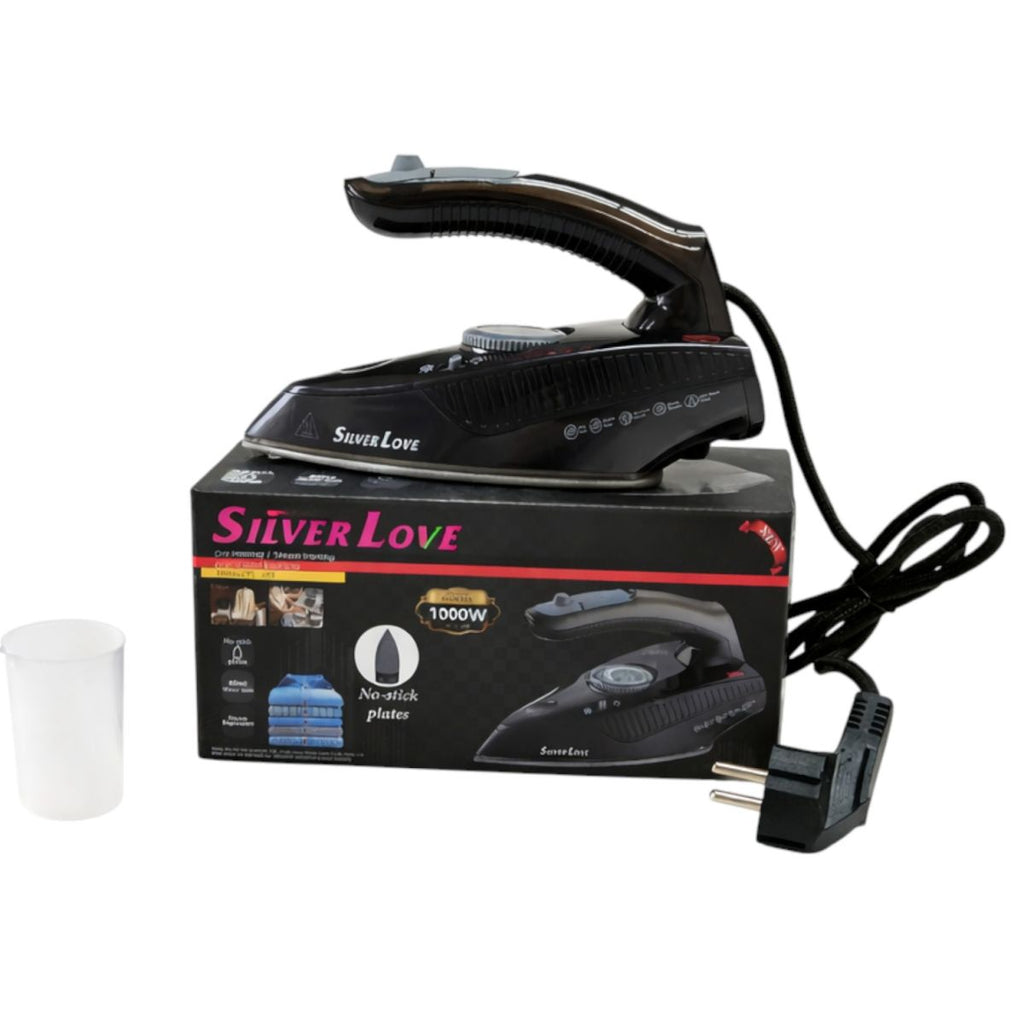 Fier de Călcat Silver Love PL-388, 1000W, 20.5x 8.5cm cu Abur și Uscat, Talpă Antiaderentă Rezervor Apă 80ml