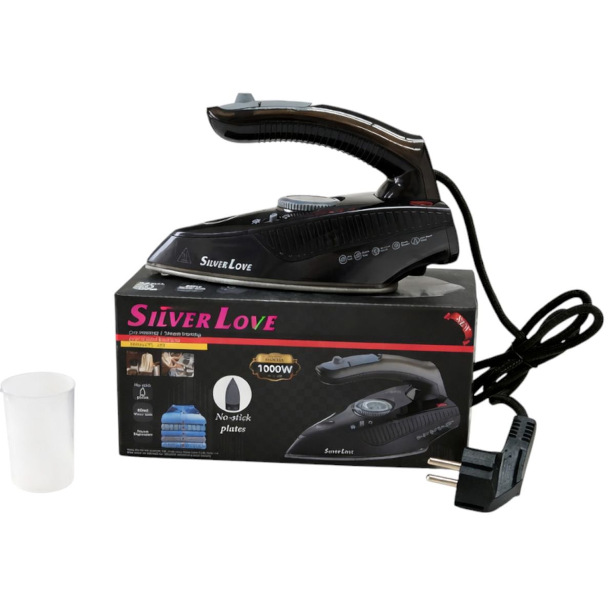 Fier de Călcat Silver Love PL-388, 1000W, 20.5x 8.5cm cu Abur și Uscat, Talpă Antiaderentă Rezervor Apă 80ml