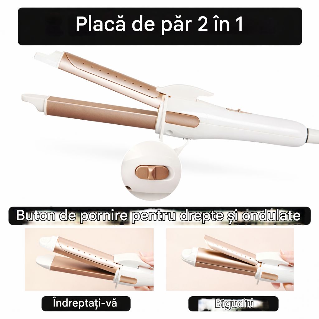 Ondulator Profesional 2în1, cu Placă de Îndreptat și Ondulat Păru 25cm Capac de protectie