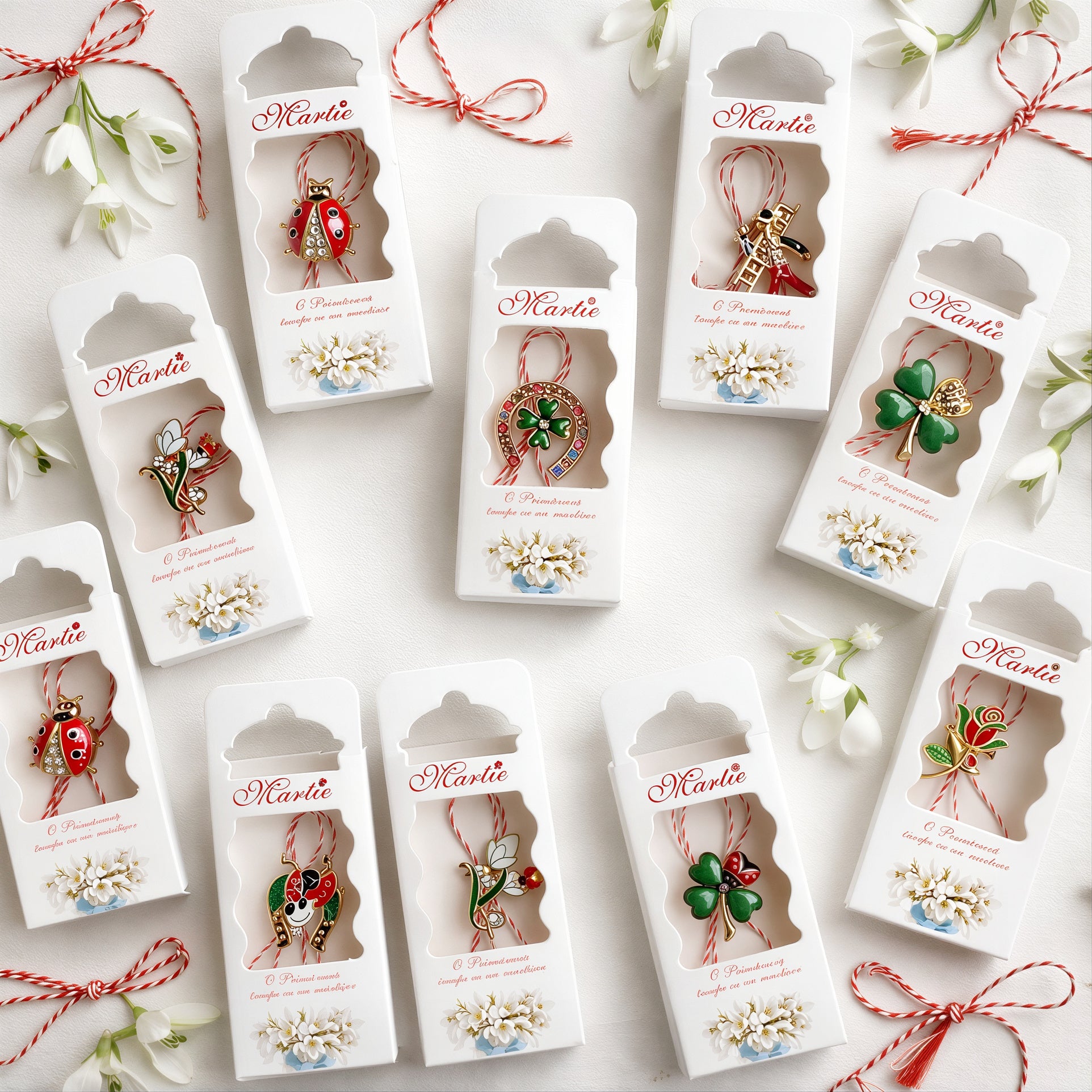Mărțișoare Tip Broșă Broșă 2–4cm, Cutii Individuale 11x4cm, Șnur Alb-Roșu Diferite Modele Colorate