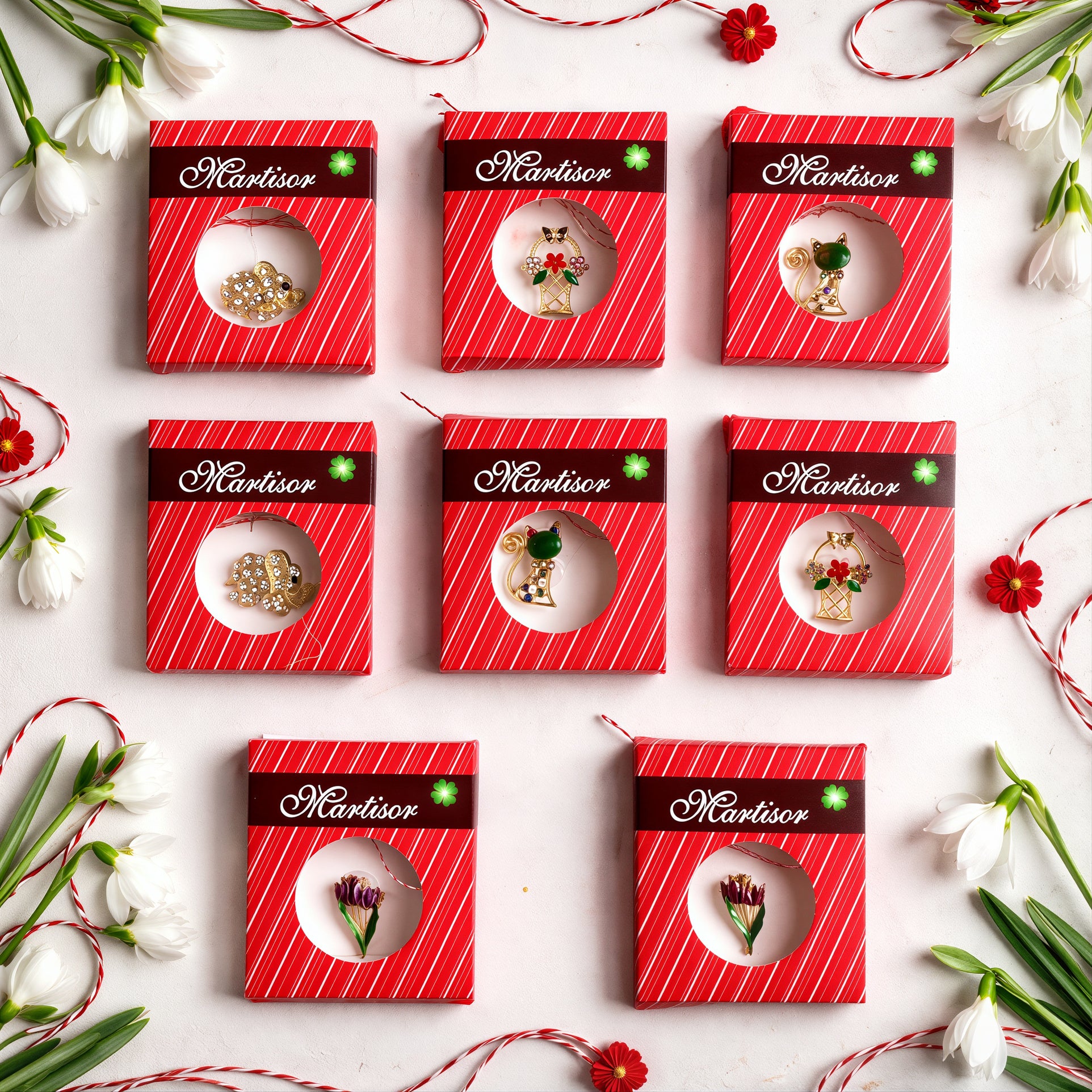 Mărțișoare Tip Broșă Broșă 2–4cm, Cutii Individuale 8×6.5cm, Șnur Alb-Roșu Diferite Modele Colorate