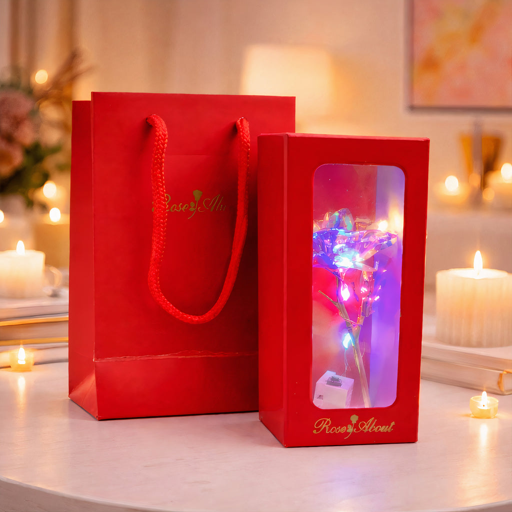 Trandafir Cristalizat cu Lumină LED Multicoloră 11cm, Cutie cu Capac 13cm in Pungă Cadou 16cm Diferite Culori