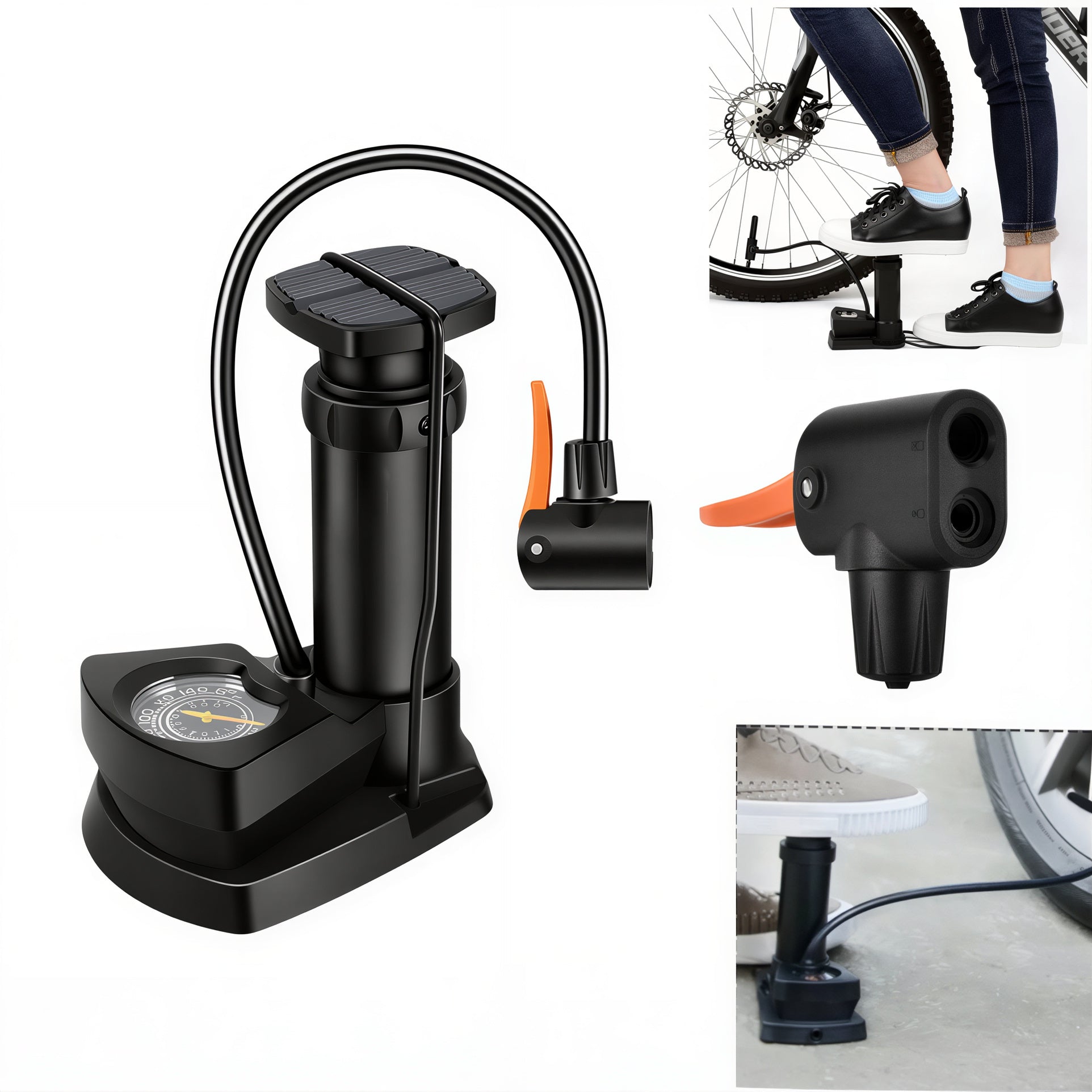 Pompă Aer de Picior 25x12x9cm, cu Manometru Integrat și Furtun Flexibil Multifunctionala