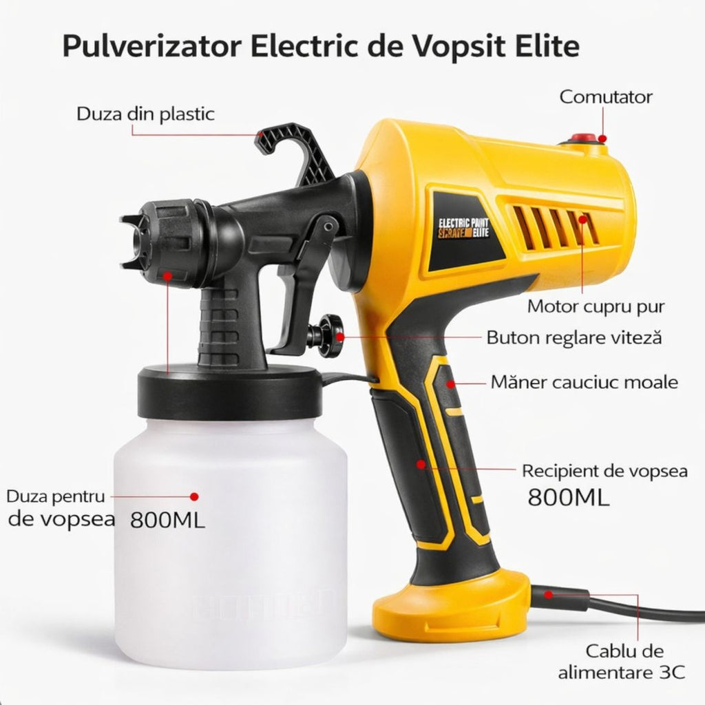 Pistol de Vopsit 30×28×12cm Electric 400W, cu Recipient 800ml Aerograf și Pâlnie Inclusă