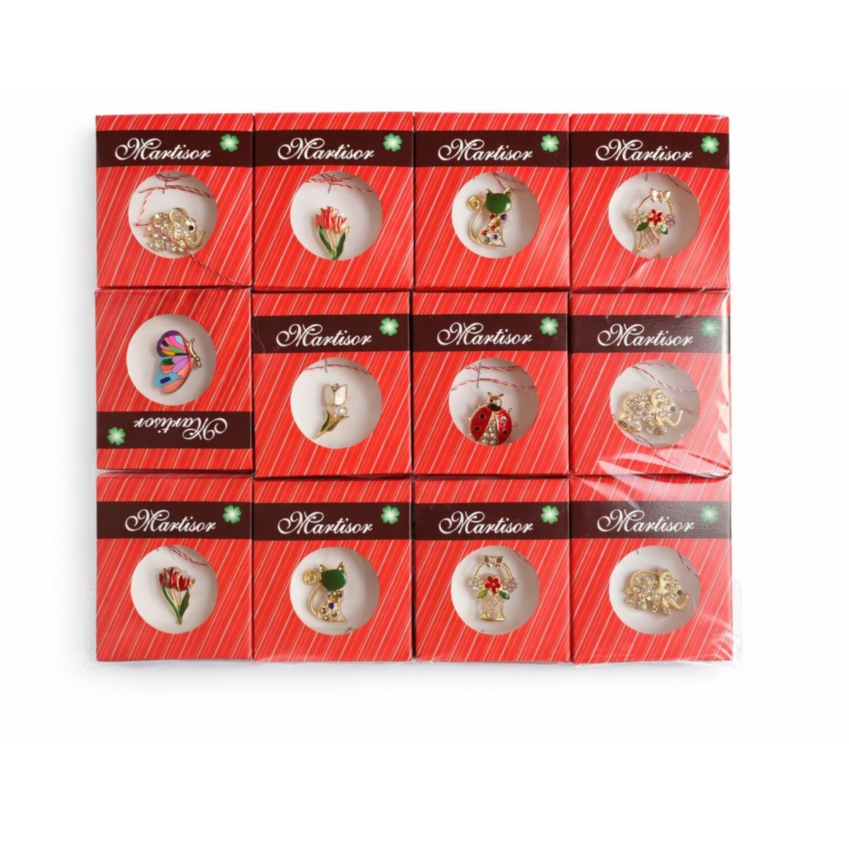 Mărțișoare Tip Broșă Broșă 2–4cm, Cutii Individuale 8×6.5cm, Șnur Alb-Roșu Diferite Modele Colorate