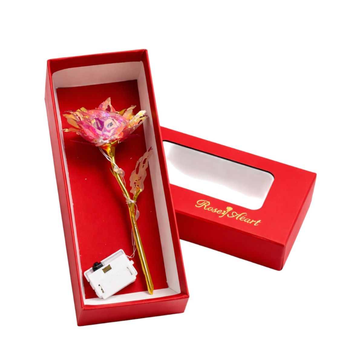 Trandafir Cristalizat cu Lumină LED Multicoloră 11cm, Cutie cu Capac 13cm in Pungă Cadou 16cm Diferite Culori