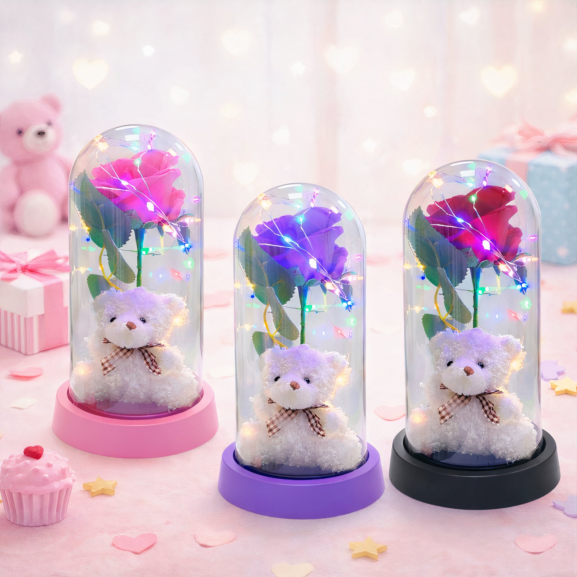 Trandafir Artificial 21 cm cu Lumină LED Multicoloră și Ursuleț 8,5 cm în Cupolă din Plastic, Culori Diferite în Cutie Cadou
