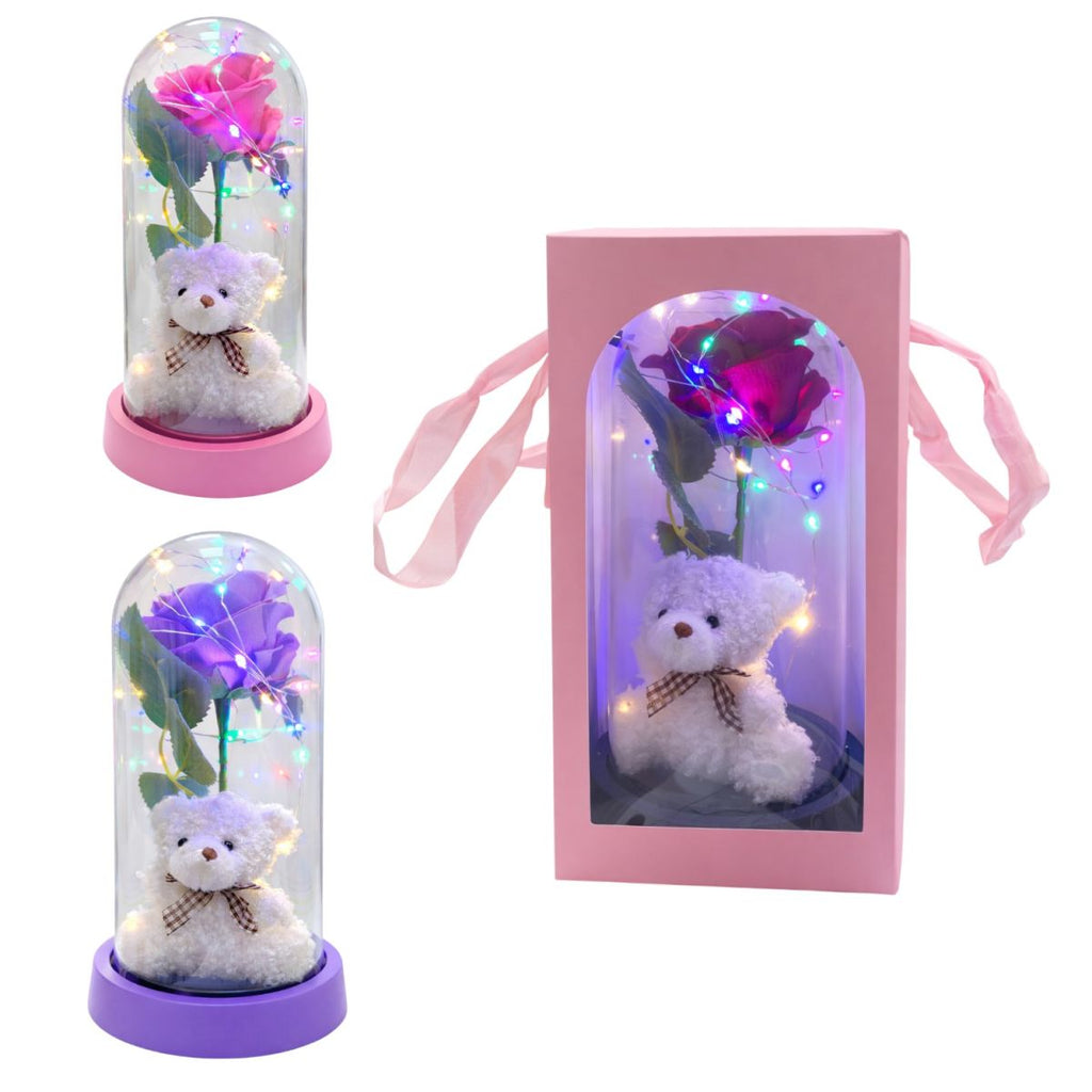 Trandafir Artificial 21 cm cu Lumină LED Multicoloră și Ursuleț 8,5 cm în Cupolă din Plastic, Culori Diferite în Cutie Cadou