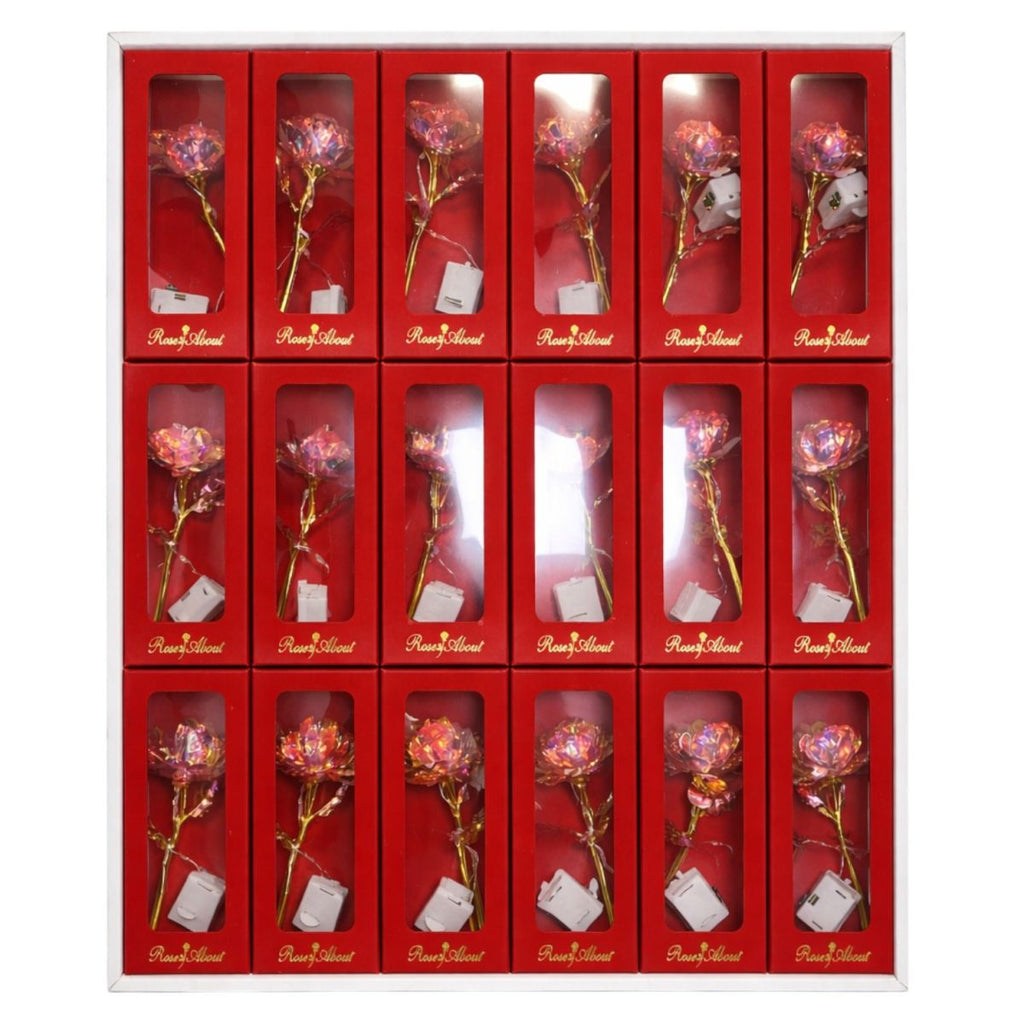 Trandafir Cristalizat cu Lumină LED Multicoloră 11cm, Cutie cu Capac 13cm in Pungă Cadou 16cm Diferite Culori