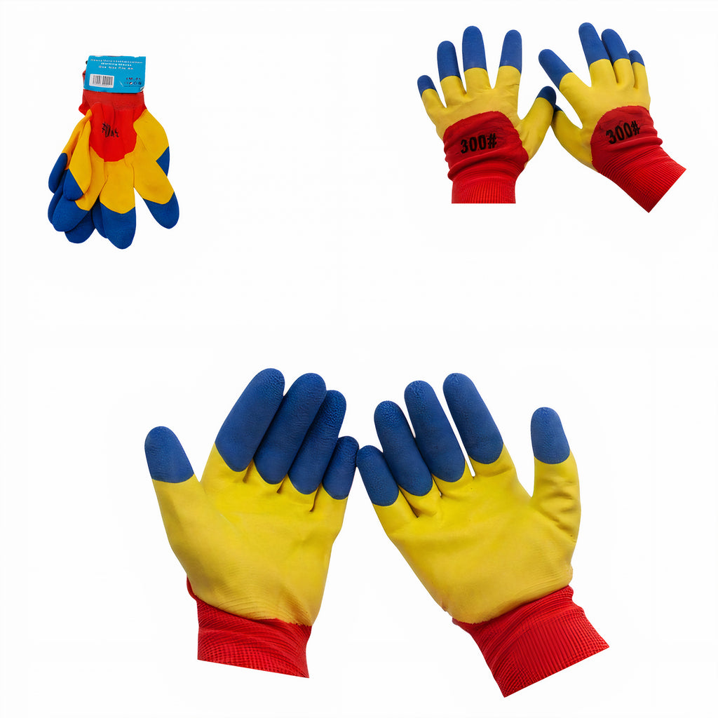Manusi de Protectie Acoperite cu Latex ,12/set cu Eticheta, Marimea 10, Albastru, Galben si Rosu