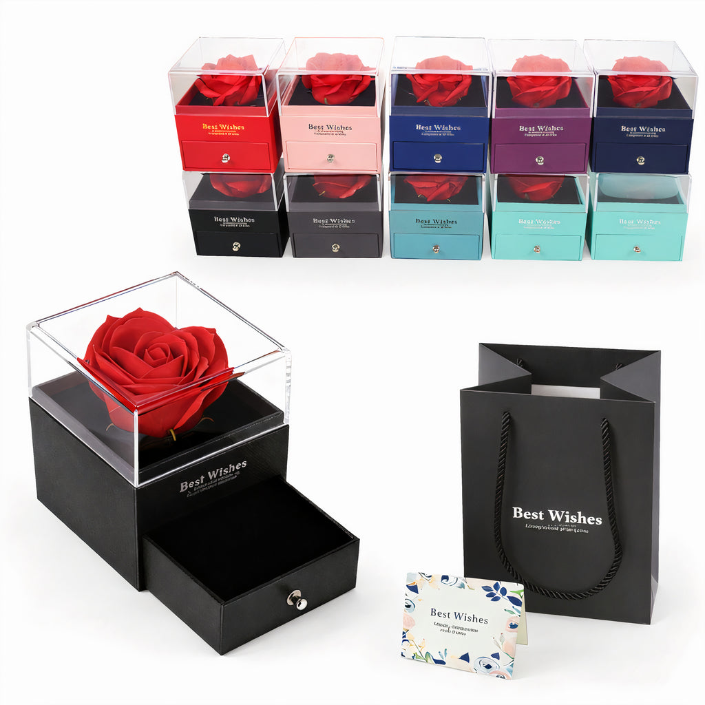 Trandafir Artificial 7x5cm din Spumă, în Cutie cu Sertar 10×8.5cm, cu Pungă de Cadou și Cartonaș Mesaj, Diferite Culori