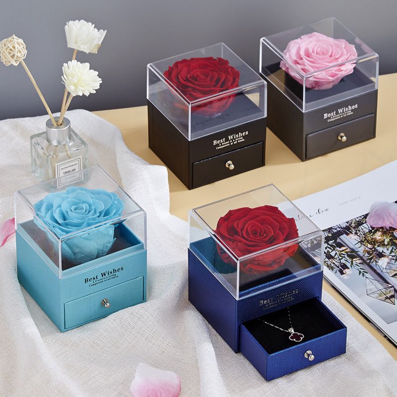 Trandafir Artificial 7x5cm din Spumă, în Cutie cu Sertar 10×8.5cm, cu Pungă de Cadou și Cartonaș Mesaj, Diferite Culori