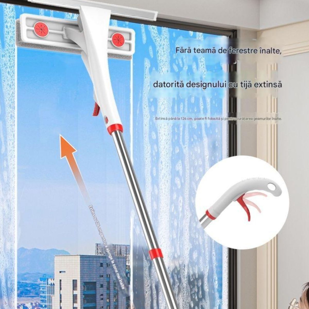 Ștergător pentru Geamuri 125×26cm cu Pulverizator, Racletă din Silicon și Lavetă din Microfibră