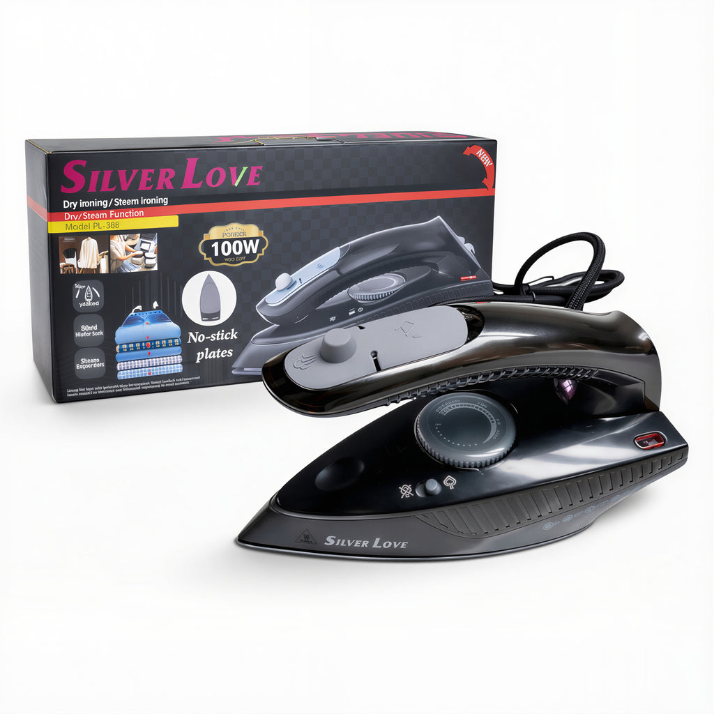 Fier de Călcat Silver Love PL-388, 1000W, 20.5x 8.5cm cu Abur și Uscat, Talpă Antiaderentă Rezervor Apă 80ml