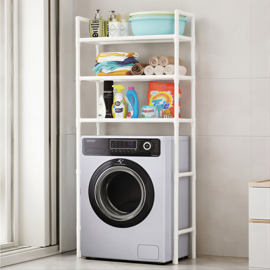 Raft Organizator pentru Mașină de Spălat 155×65×25cm, cu 3 Polițe pentru Depozitare Structură Metalică