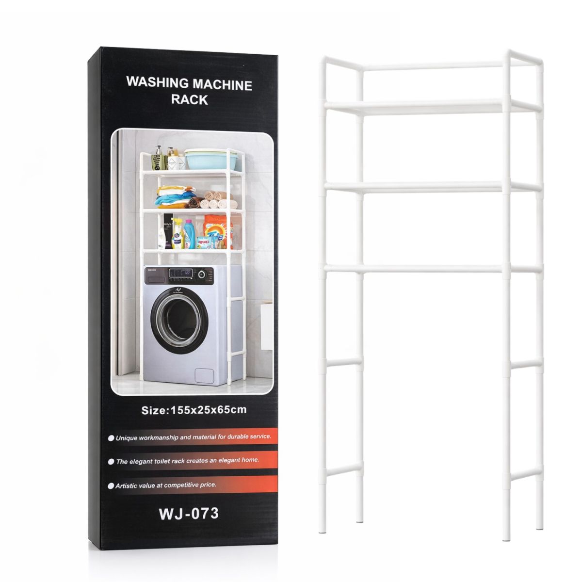 Raft Organizator pentru Mașină de Spălat 155×65×25cm, cu 3 Polițe pentru Depozitare Structură Metalică